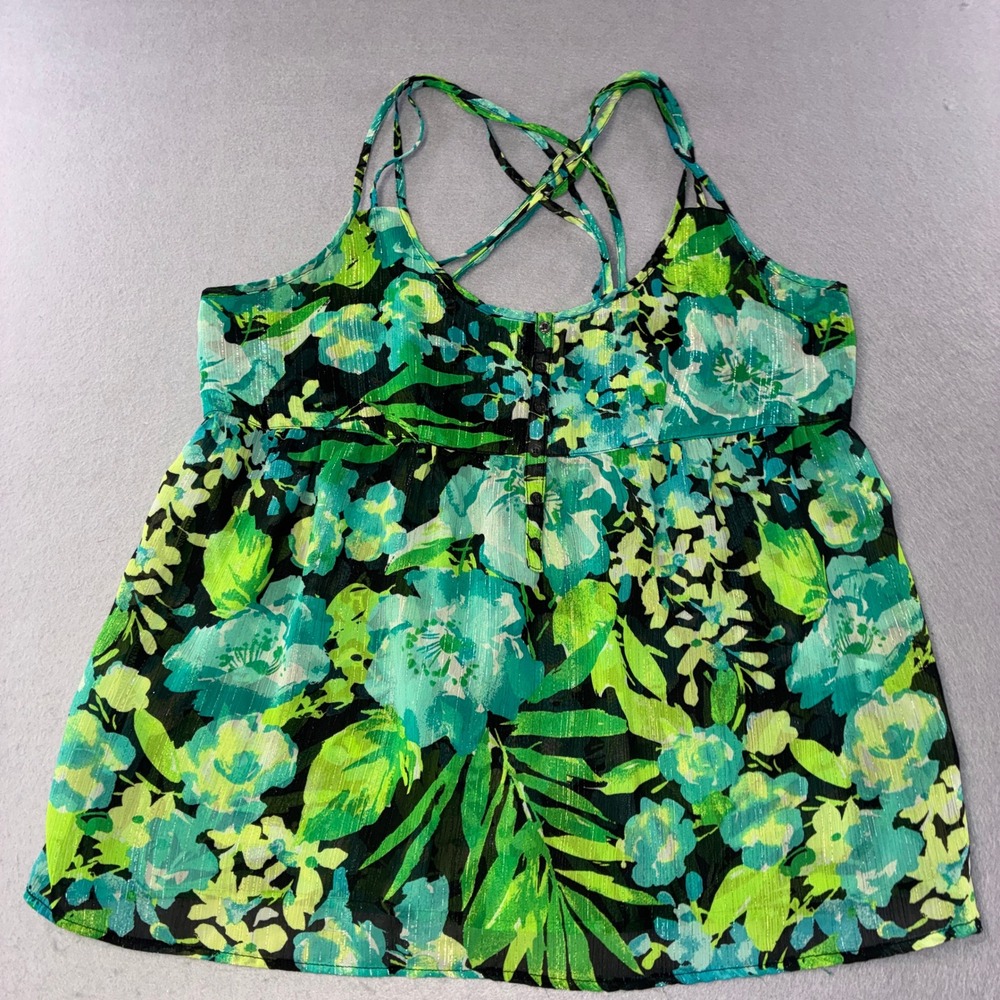 310 Aeropostale Cami Top Womens XL Green Floral Lurex Metallic Babydoll Blouse